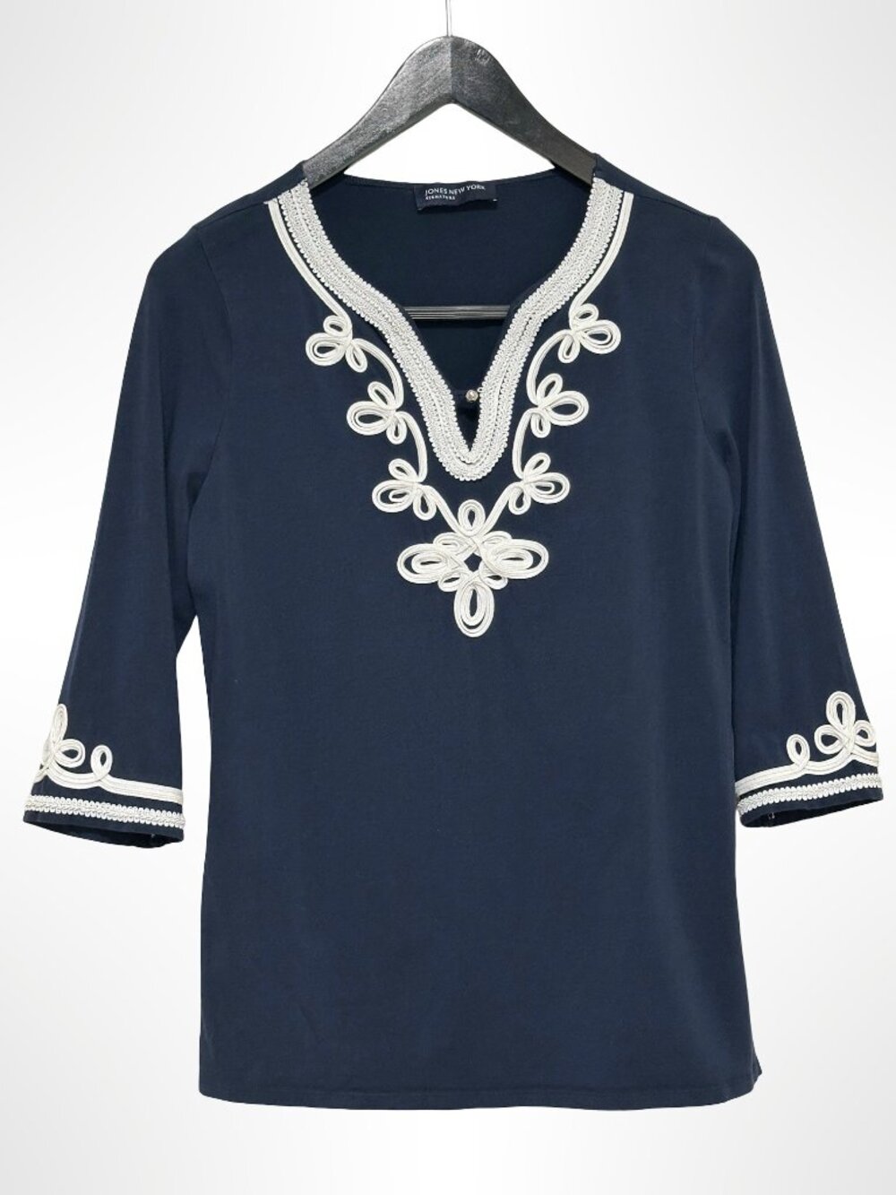 JONES NEW YORK Embellished Top Navy Blue and White Size M